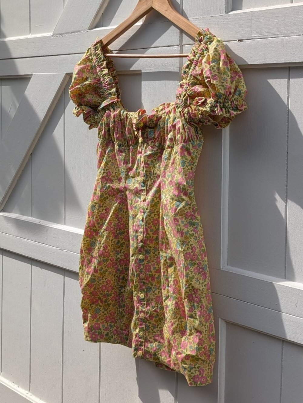House of CB Yellow Floral Puff Sleeve Milkmaid Bust Mini Dress Medium